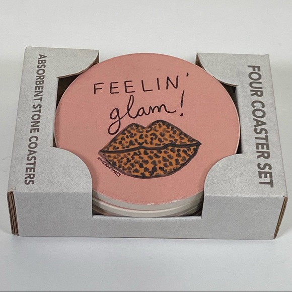 FEELING GLAM Absorbent Stone  Coasters 4 Pack Blush Pink Animal Print Lips Gift - Picture 9 of 14